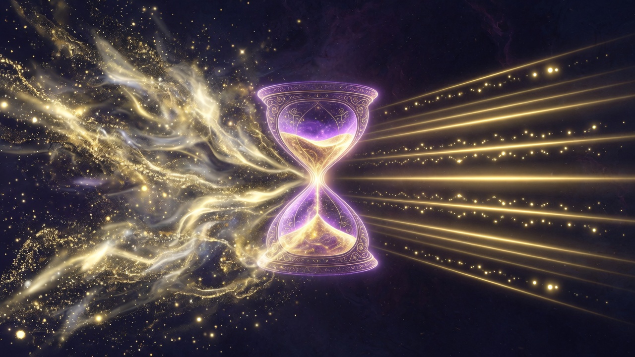 Artistic visualization: chaotic noise and interference on the left flowing through a glowing aperture and emerging as clean coherent light on the right — the exponential filter effect